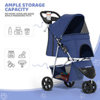 Magshion 3-Wheel Pet Stroller, Foldable Travel Jogger for Small & Medium Dogs & Cats (Up to 33lbs), Lightweight Carrier with Breathable Mesh Cover, Cup Holder & Storage Basket, Navy Blue