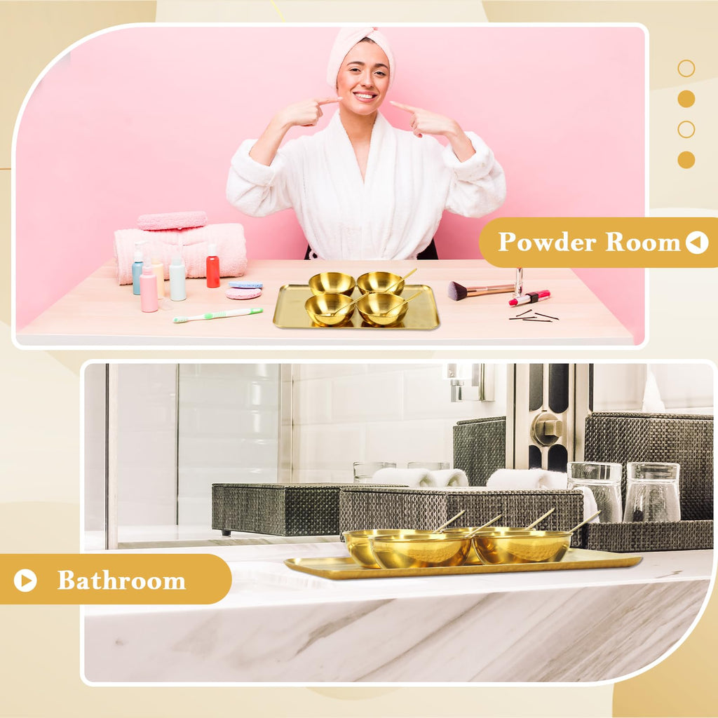 9 Pcs Gold Facial Supplies Large Gold Skincare Tray 4 Stainless Steel Facial Mask Mixing Bowls 4 Esthetician Mixing Spoons Spa Tray Esthetician Bowls for Mask Body Care Bathroom