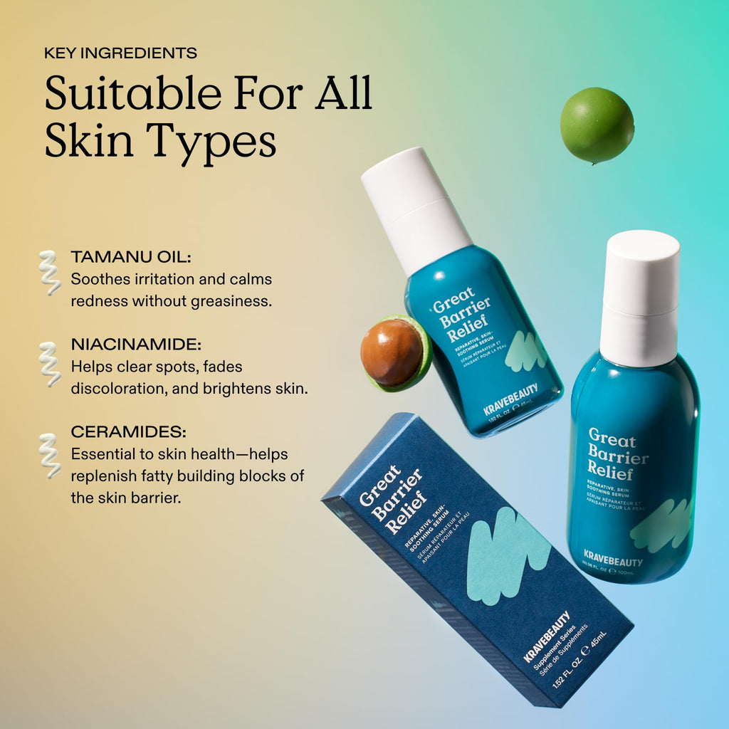 KraveBeauty Great Barrier Relief Serum for Dry or Sensitive Skin, Hydrates and Repairs the Skin Barrier, Soothing Facial Serum with Ceramides & Niacinamide, Fragrance Free, 100 mL