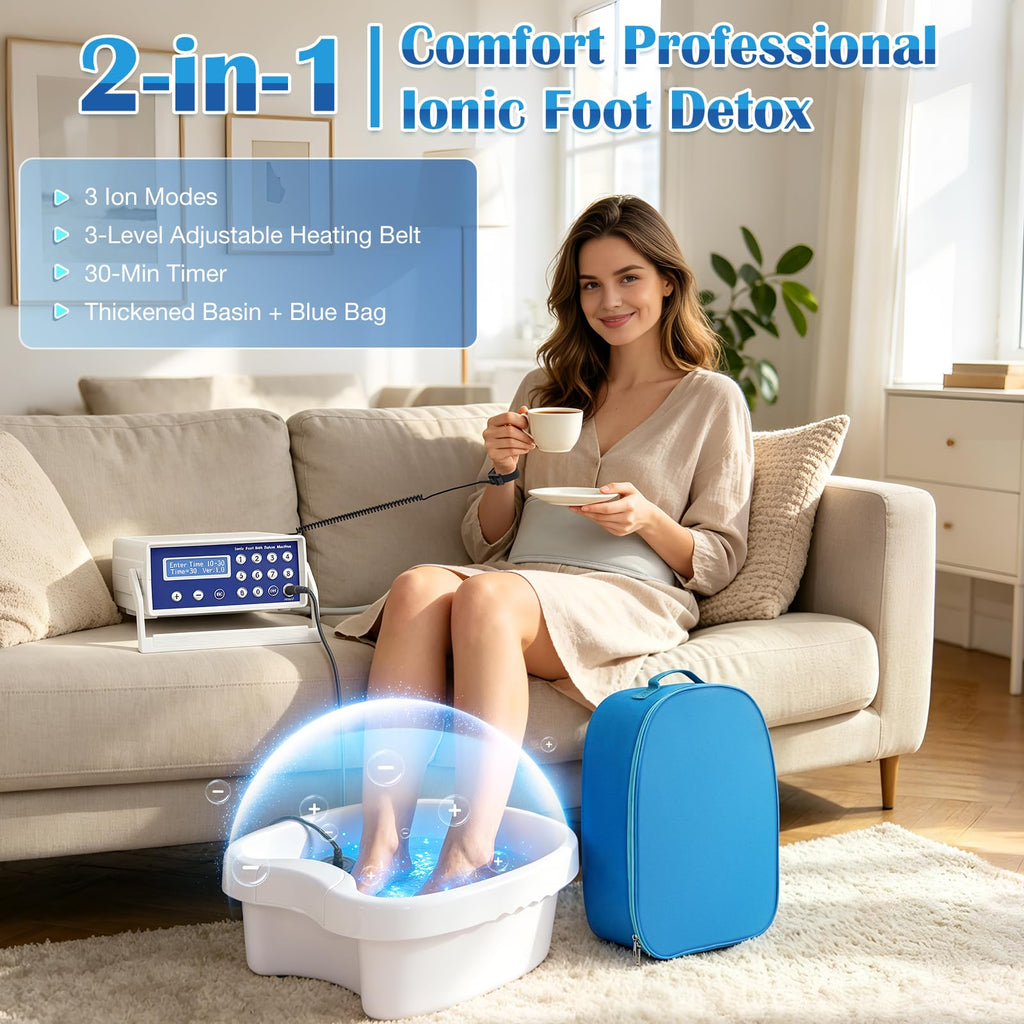 Ionic Detox Foot Bath - Foot Spa, Ionic Foot Bath Detox Machine Chi Cleanse with Tub, Wrist Strap, Far Infrared Waistbelt, 2 Arrays, Blue Bag