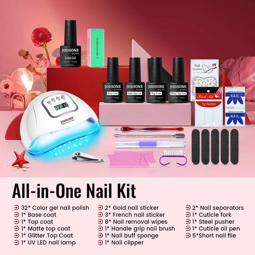 JODSONE Gel Nail Polish Kit with U V Light 32 Colors Gel Polish Nail + 4 Functional Adhesive Bottles Kit Soak Off Manicure Tools Gifts for Women