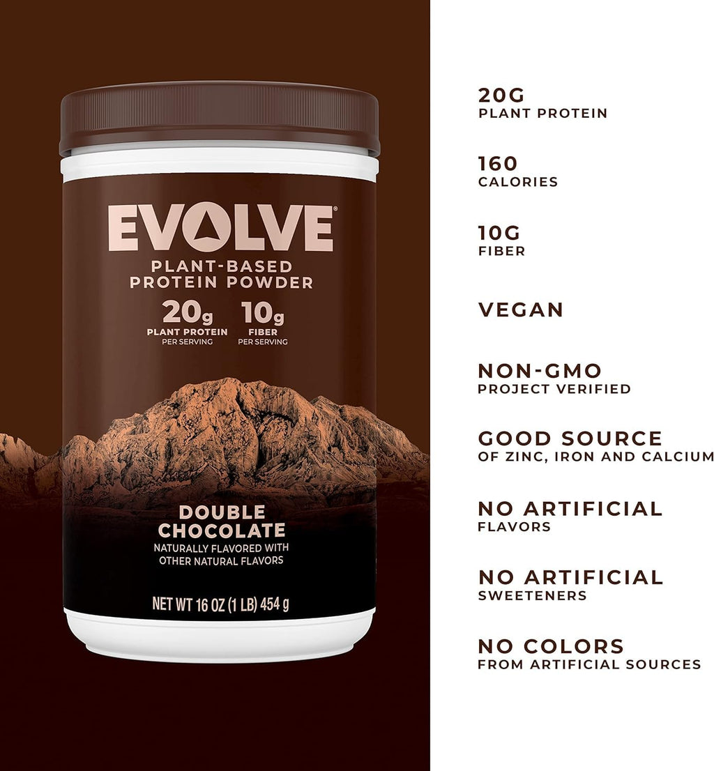Evolve Plant Based Protein Powder, Double Chocolate, 20g Vegan Protein, Dairy Free, No Artificial Flavors, Non-GMO, 3g Fiber, Amazon Exclusive, 2 Pound (Packaging May Vary)