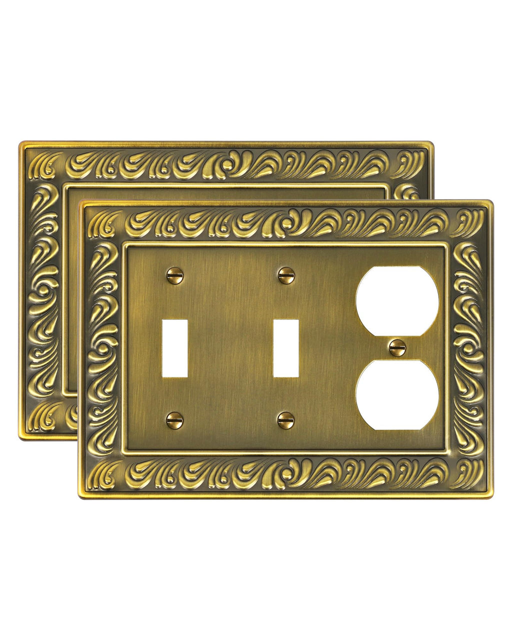 TREEWELL 2-Pack Combo Double Toggle/Single Duplex Outlet Covers, Paisley Pattern Decorative Switch Plates and Outlet Covers, 4 Gang Antique Brass Metal Wall Plates, Corrosion Resistant