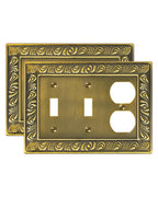TREEWELL 2-Pack Combo Double Toggle/Single Duplex Outlet Covers, Paisley Pattern Decorative Switch Plates and Outlet Covers, 4 Gang Antique Brass Metal Wall Plates, Corrosion Resistant