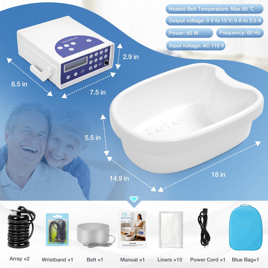Ionic Detox Foot Bath - Foot Spa, Ionic Foot Bath Detox Machine Chi Cleanse with Tub, Wrist Strap, Far Infrared Waistbelt, 2 Arrays, Blue Bag