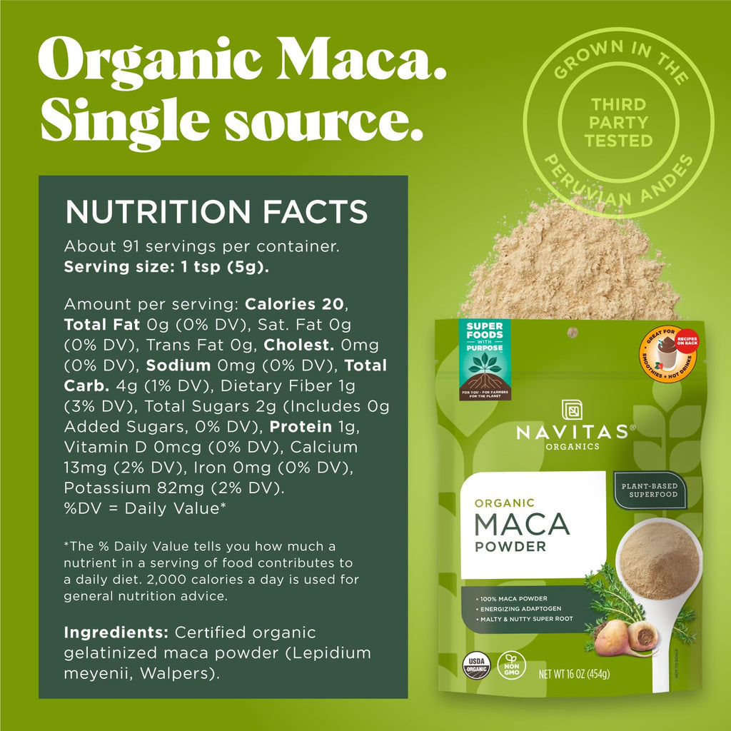 Navitas Organics Maca Powder – 100% Gelatinized Peruvian Maca for Smoothies, Lattes, Baking & More – Energize & Balance - USDA Organic, Non GMO, Vegan, Gluten Free (16oz. Bag, 180 Servings, 2-Pack)