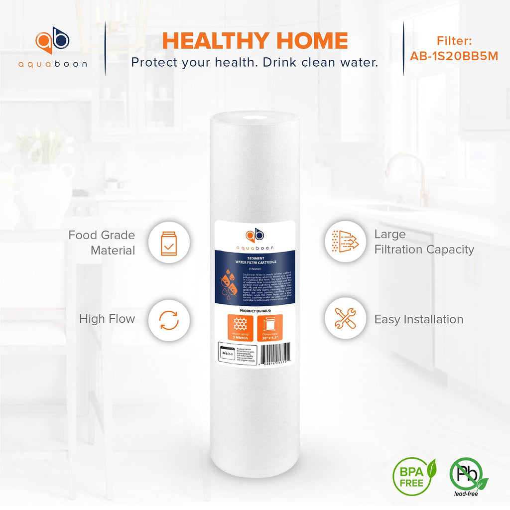 Aquaboon 5 Micron 20 x 4.5 Whole House Sediment Filter Cartridge 20 inch Water Filter Replacement Compatible with DGD-5005-20, FP25B, AP810-2, 2-Pack