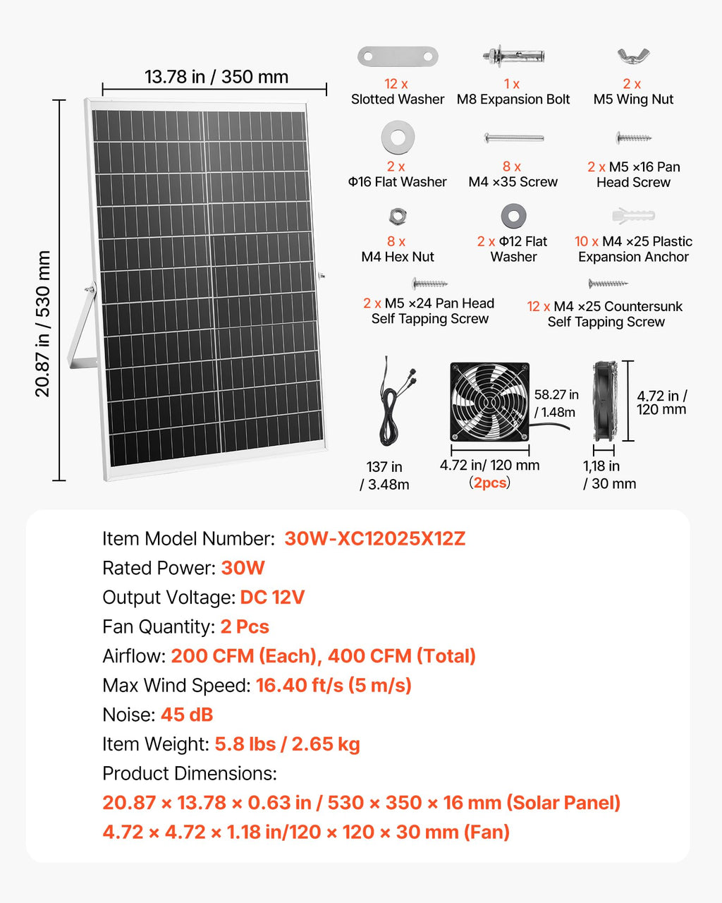 VEVOR Solar Powered Fan, 30W Solar Panel with 2 Fans, Adjustable Solar Panel Angle, 2668 RPM High-Speed, Flexible Installation, Fast Air Exchange for Greenhouse, Grow Tents, Chicken Coops, Shelters