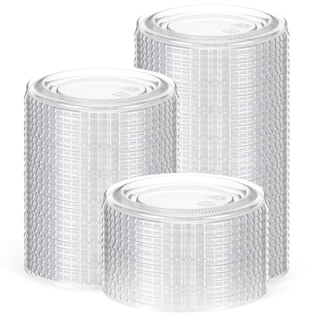 Acellegic 200 Pcs Plastic Cup Lids for Portion Cups Disposable Clear Portion Cup Lids Souffle Lid Plastic Food Prep Supplies for Restaurant, Cafe, Catering, Party (3.25oz 4.5oz 5oz)