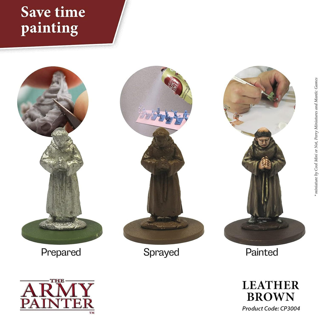 The Army Painter Color Primer, Leather Brown, 400ml, 13.5oz - Acrylic Spray Undercoat for Miniature Painting
