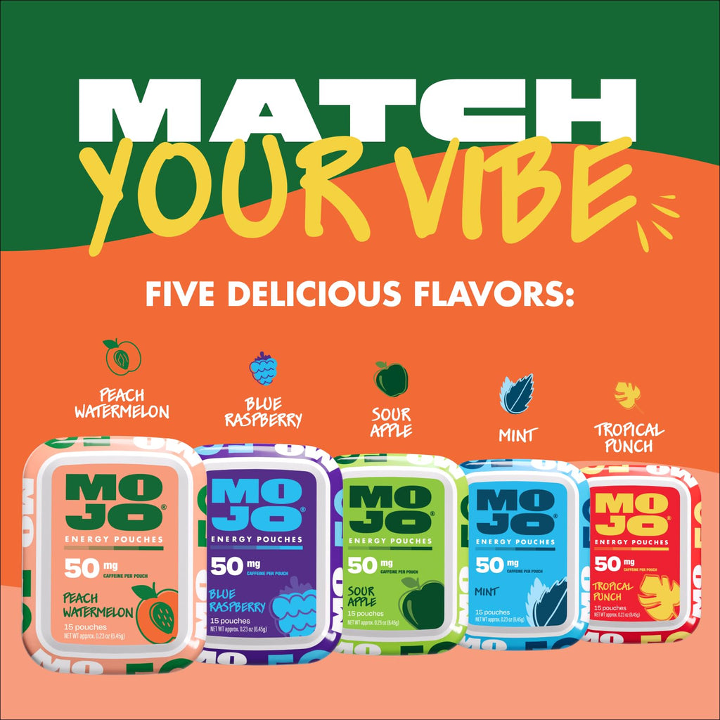 MOJO Energy 50mg Caffeine Pouches, Peach Watermelon, 15 Pouches, 5-Pack