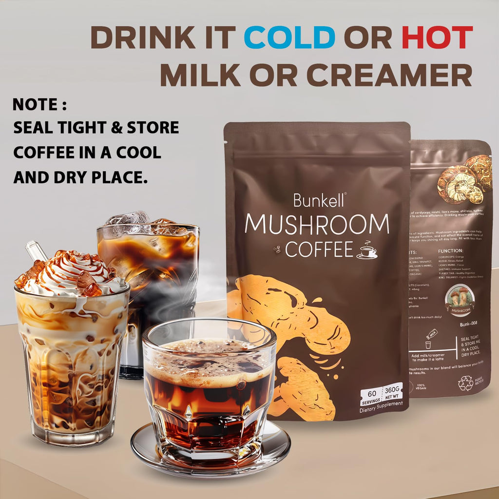 Bunkell Mushroom Coffee, Adaptogenic 6 Mushrooms with Lion's Mane, Reishi, Cordyceps, Shiitake, King Trumpet & Turkey Tail, Instant Coffee Powder for Energy, Digestion & Immune Support, 60 Servings