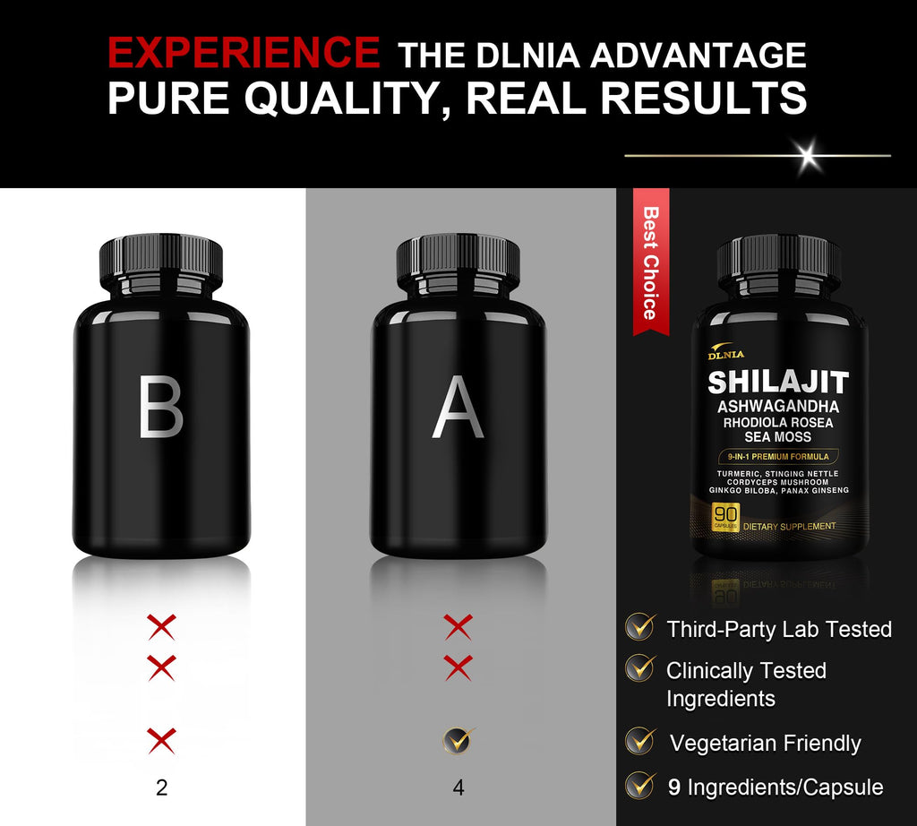 DLNIA Shilajit 9-in-1 Capsules – Organic Himalayan Complex with Ashwagandha, Sea Moss, Turmeric & More – Vegan, Lab-Tested, Immune & Energy Support for Men & Women – 90 Capsules