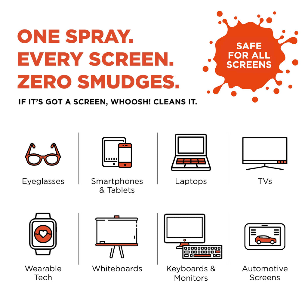 WHOOSH! Screen Shine Go 2-Pack – Two 1 fl oz Refillable Touchscreen Cleaners with Microfiber Cloths for Car, iPad, Laptop and Eyeglasses – Powerful Streak-Free Cleaning – Pocket-Sized, TSA-Approved