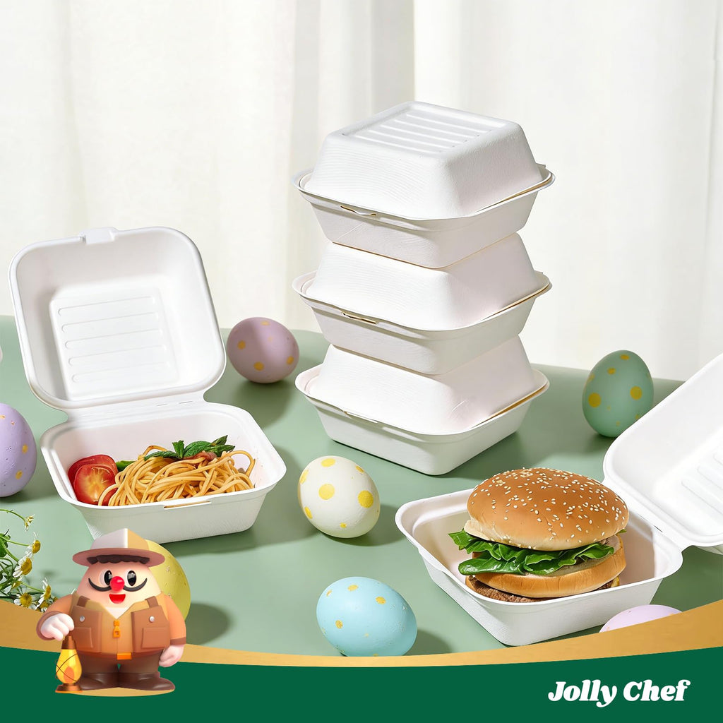 JOLLY CHEF Clamshell Take Out Food Containers, [6 * 6" 200-Pack] To Go Containers Disposable, Sugarcane To Go Boxes for Salad,Lunch