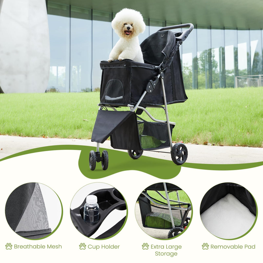 DUMOS 3 Wheels Pet Stroller for Dogs and Cats, Foldable Dog Stroller with Mesh Windows, Storage Basket & Cup Holder, Lightweight & Durable Pet Carrier for Travel, Outdoor Use – Black