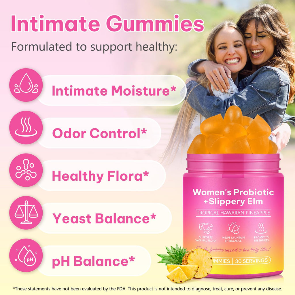 KITNOBLIS Feminine Probiotic Gummies with Slippery Elm- Pineapple Gummies for Women pH Balance, Gut Health & Immune Supports | with Prebiotics & Lactobacillus Blend (60 Gummies)