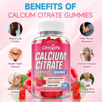 2 Pack Calcium Citrate Gummies, Sugar Free Calcium Citrate 1000mg for Muscle Healthy, Absorption Calcium Supplements for Adults & Kids, Raspberry, 120 Count