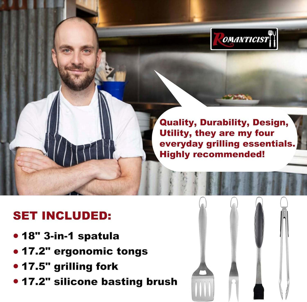 ROMANTICIST 4pcs Heavy Duty Grill Accessories for Top Chef - Professional Grill Tool Set & Basic BBQ Tools for Backyard Restaurant Outdoor Kitchen - Deluxe Grill Gift for Dad on Father’s Day Christmas