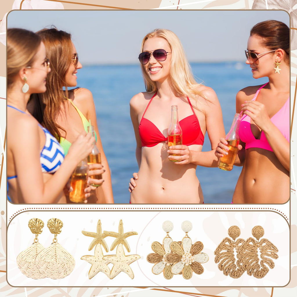 Nosiny 4 Pairs Rattan Earrings Beach Handmade Raffia Earrings Set for Women Bohemian Statement Earring Drop Dangle Summer Starfish Shell Monstera Daisy Flower Jewelry for Party Wedding Daily Travel