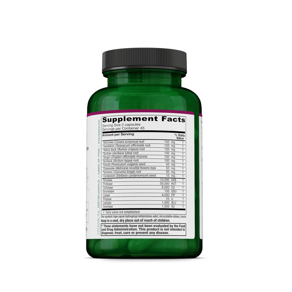 Vitanica Bitters Extra - Digestion Support Supplement with Dandelion Root - Digestive Enzymes & Ginger Root for Digestive Health Support - Herbal Supplement with Plant-Based Enzymes - 90 Capsules