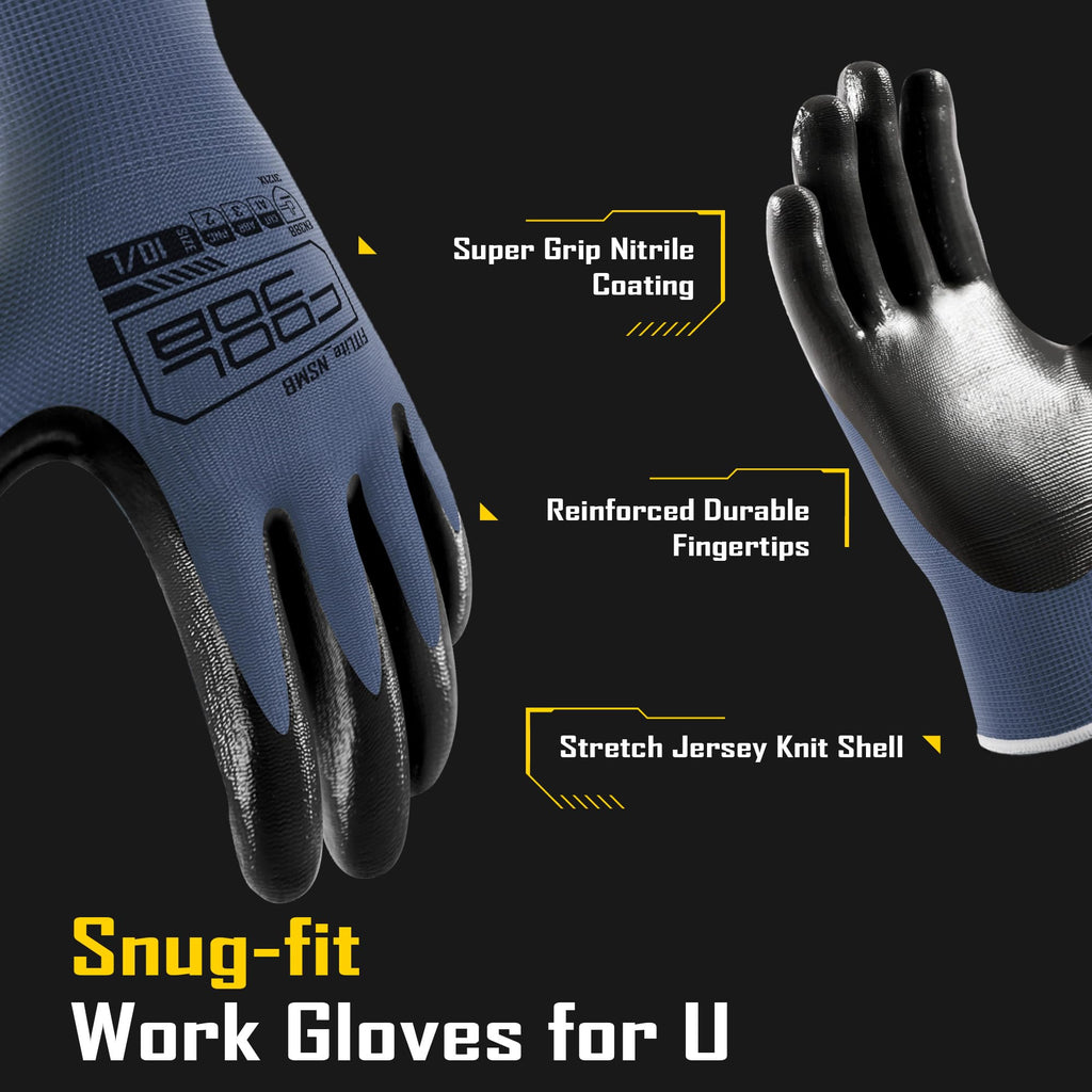 COOLJOB 10 Pairs Nitrile Dipped Safety Work Gloves with Grip, Non-slip Rubber Coated Bulk Garden Gloves for Men, Heavy-duty Oil Resistant for Truck Driver, Warehouse Box Handler, Xlarge, Black Blue