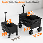 40" L Collapsible Wagon Cart Foldable, 500lbs Weight Capacity 250L Heavy Duty Folding Beach Wagons with Big All-Terrain Wheels, Utility Carts for Groceries, Shopping, Camping, Sports - Black