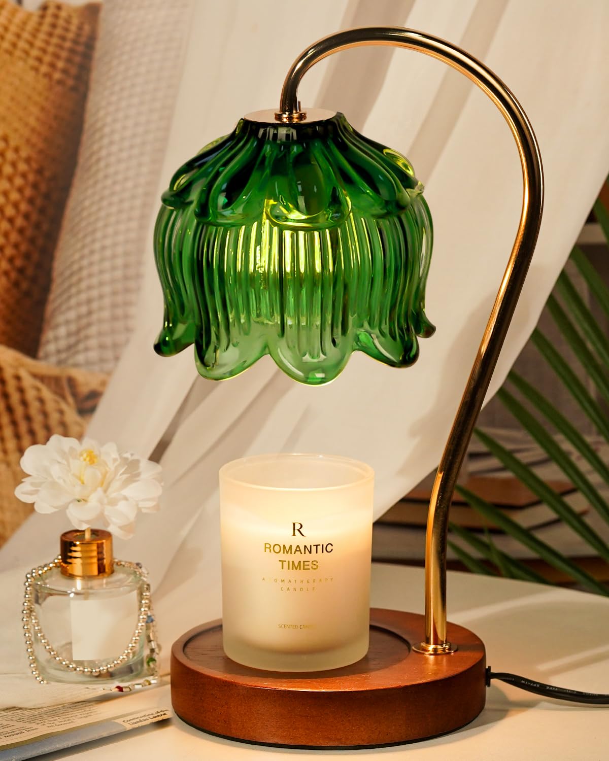 Funistree Green Candle Warmer Lamp with Timer, Dimmable Flower Candle Lamp Warmer, Vintage Christmas Birthday Gifts for Women, Mom, Female Friend, Aromatic Candle Light for Yankee Candles