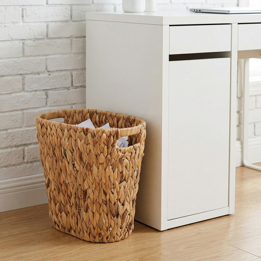 Pumtus Woven Trash Can, Handwoven Bathroom Waste Basket with Built-in Handles, Water Hyacinth Storage Bin, Garbage Laundry Magazine Container for Bedroom, Kitchen, Office, Utility Room