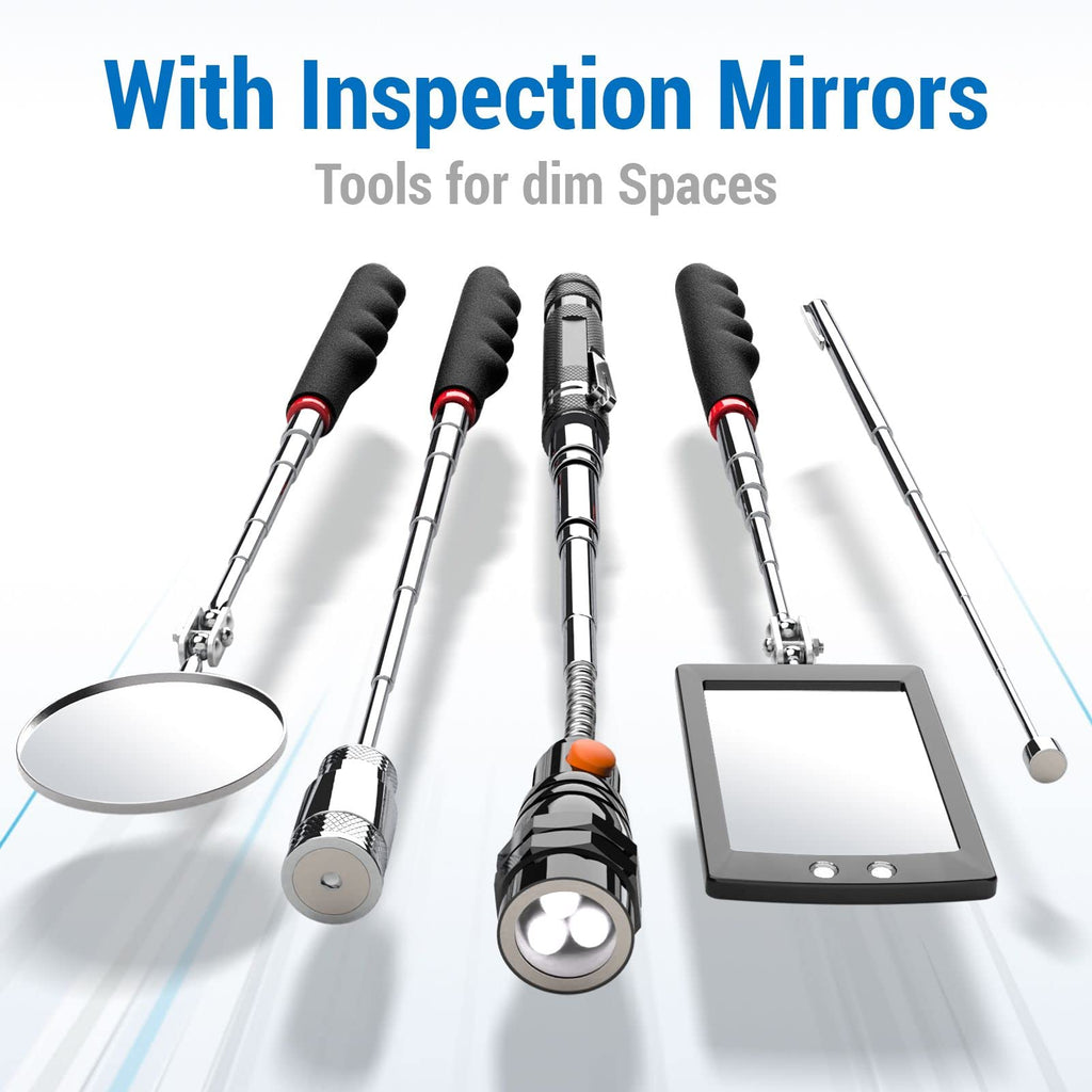 Telescoping Magnetic Pick Up Tool with 1lb& 15lb Pickup Rod, Round& Square 360 Swivel Adjustable Inspection Mirror, Flexible LED Flashlight, Fathers Day Dad Gifts, Birthday Gifts for Men Women Him