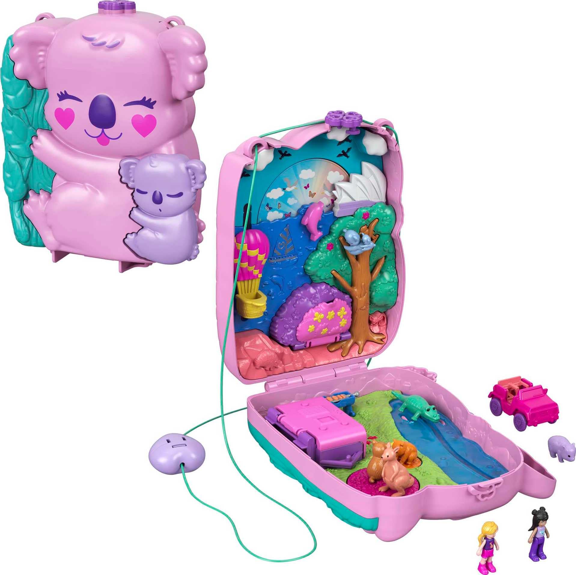 Polly Pocket Dolls & Accessories, Koala Purse Playset with 2 Micro Dolls, 1 Toy Car & 5 Animals, 2-in-1 Travel Toy