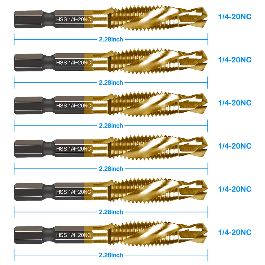 6-pc 1/4-20NC Combination Drill Tap Bit Set SAE, 1/4" UNC-20 Thread Size, Titanium Coated High-Speed Steel, Ideal for Drilling and Threading in Soft Metal Wood and Plastic, 1/4” Hex Shank