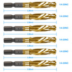 6-pc 1/4-20NC Combination Drill Tap Bit Set SAE, 1/4" UNC-20 Thread Size, Titanium Coated High-Speed Steel, Ideal for Drilling and Threading in Soft Metal Wood and Plastic, 1/4” Hex Shank