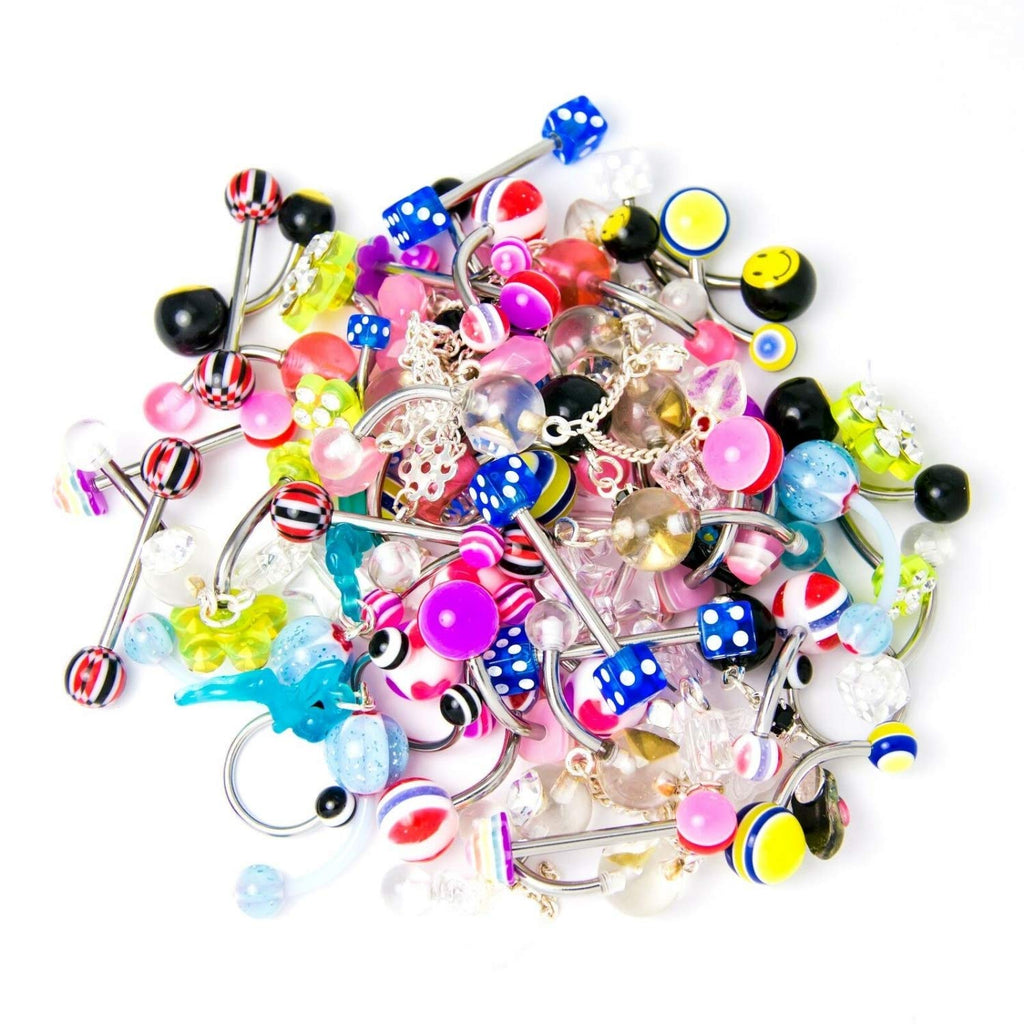BodyJ4You 120PC Body Piercing Random Jewelry Kit - CBR BCR Rings Barbells Studs Screws Curved Bars - Belly Button Cartilage Tragus Nose Septum Tongue - 14G 16G 18G Steel Bulk Mix