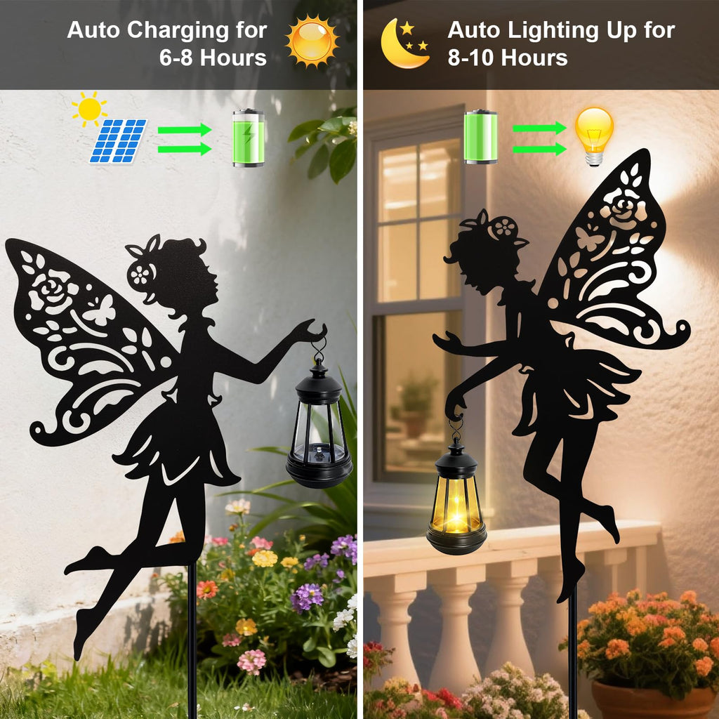 2 Pack Solar Fairy Garden Statues Outdoor Decor, Mother's Day Gift Ideas for Gardening Mom Grandma Birthday, Metal Fairy Figurine Light Stake Housewarming Ornament for Patio Lawn Yard Pathway