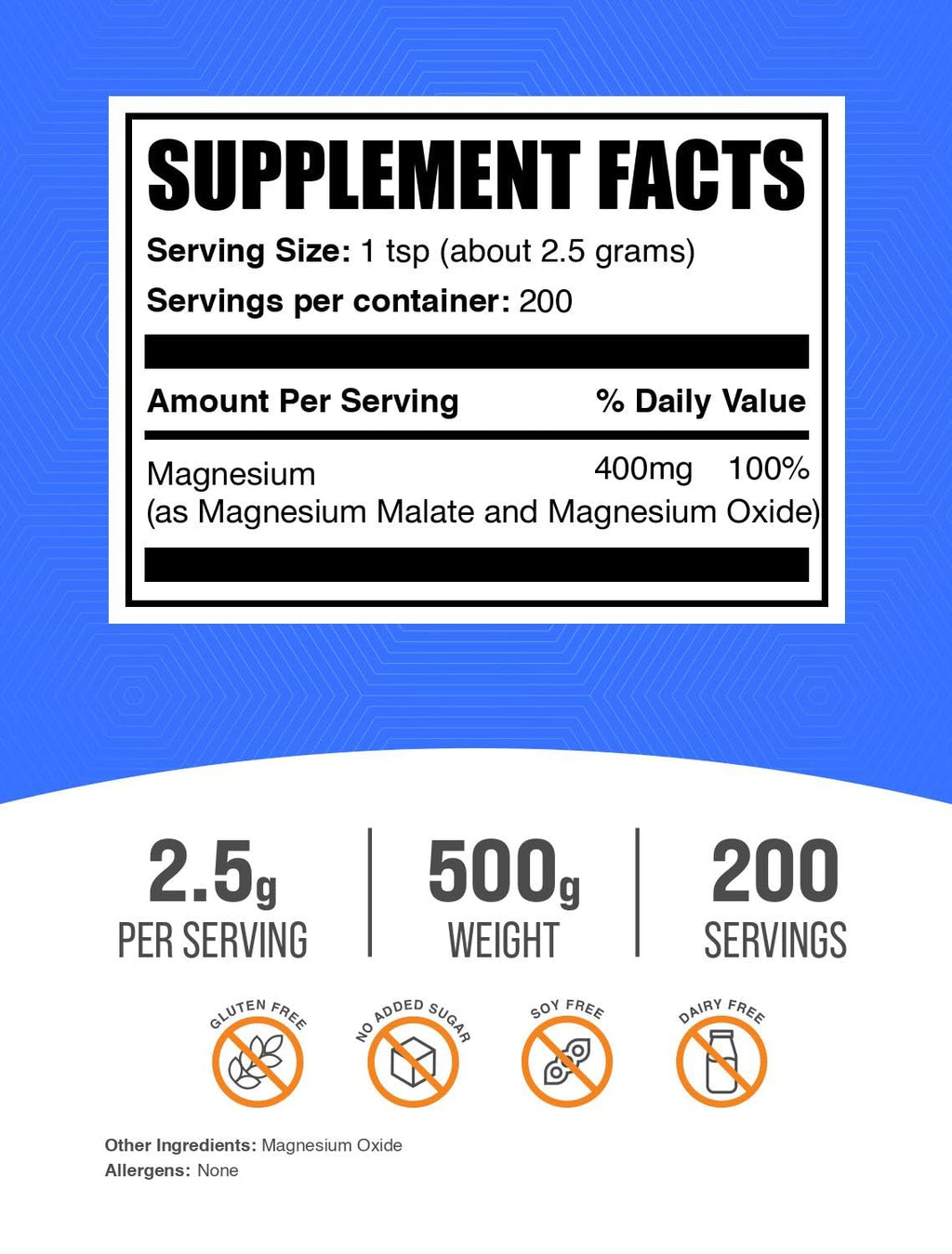 BulkSupplements.com Magnesium Malate Powder - Magnesium Supplements, High Bioavailabilty - Unflavored & Gluten Free, 2.5g per Serving, 500g (1.1 lbs) (Pack of 1)