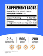 BulkSupplements.com Magnesium Malate Powder - Magnesium Supplements, High Bioavailabilty - Unflavored & Gluten Free, 2.5g per Serving, 500g (1.1 lbs) (Pack of 1)