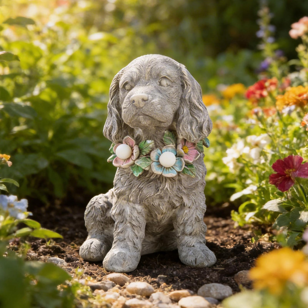 Dog Garden Statue, Solar Cocker Spaniel with Lighted Garland Yard Ornaments