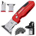 KAIWEETS Utility Knife Scraper, 2-in-1 Folding Box Cutter with Blade Storage, Heavy Duty Zinc Alloy Body, Retractable Design, 12pcs SK2 Black Blades replacement, EDC Tool for Home, Office, DIY– Red