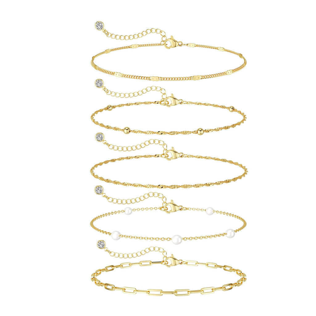 Dainty 14K Gold Plated Pearl Bracelets Stack for Women