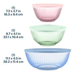Pyrex Colors Tinted (3-Pack, Full Set) Sculpted Tinted Glass Mixing Bowls With Lids, Nesting Space Saving Set of Bowls For Prepping and Baking, 1.3QT, 2.3QT & 4.5Q, Blue
