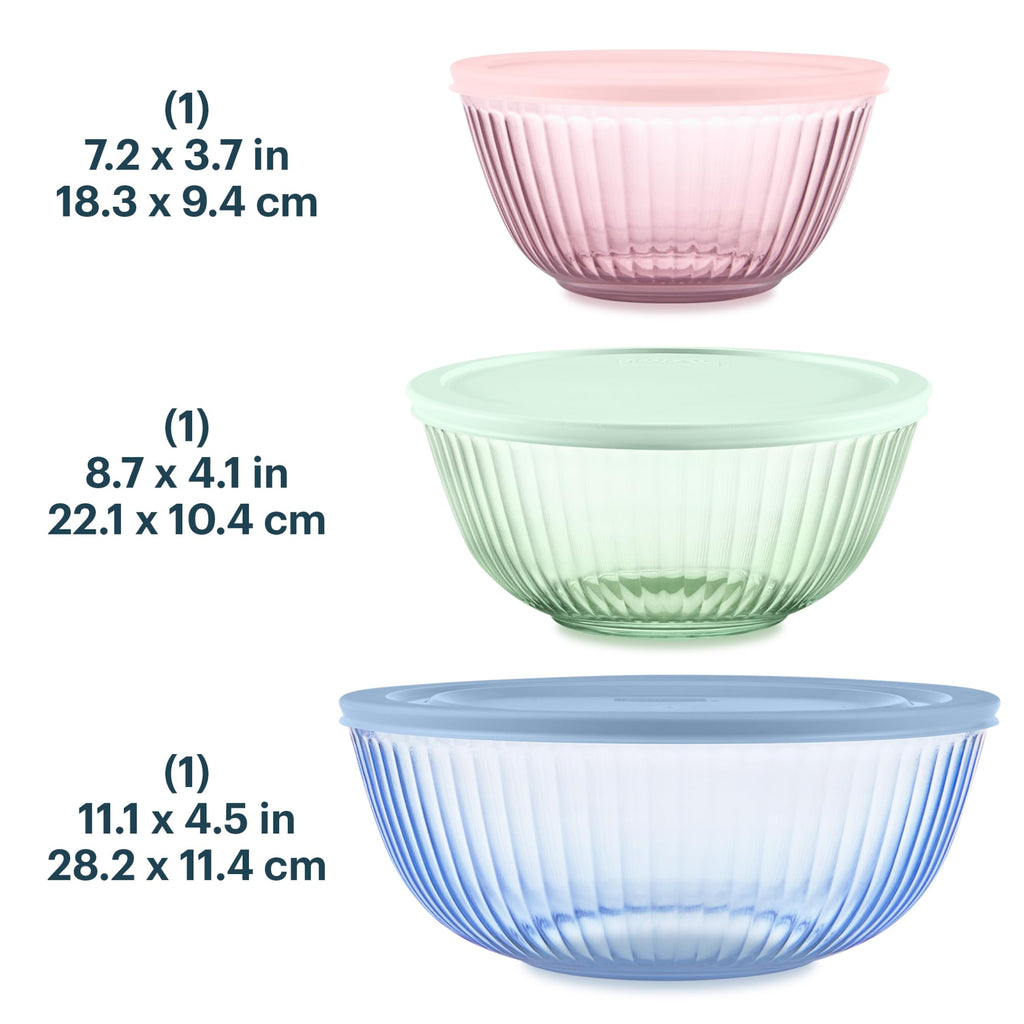 Pyrex Colors (3-Pack, Full Set) Sculpted Tinted Glass Mixing Bowls With Plastic Lids, Nesting Space Saving Set of Bowls For Prepping and Baking, 1.3QT, 2.3QT & 4.5Q, (Pink, Green, Blue)