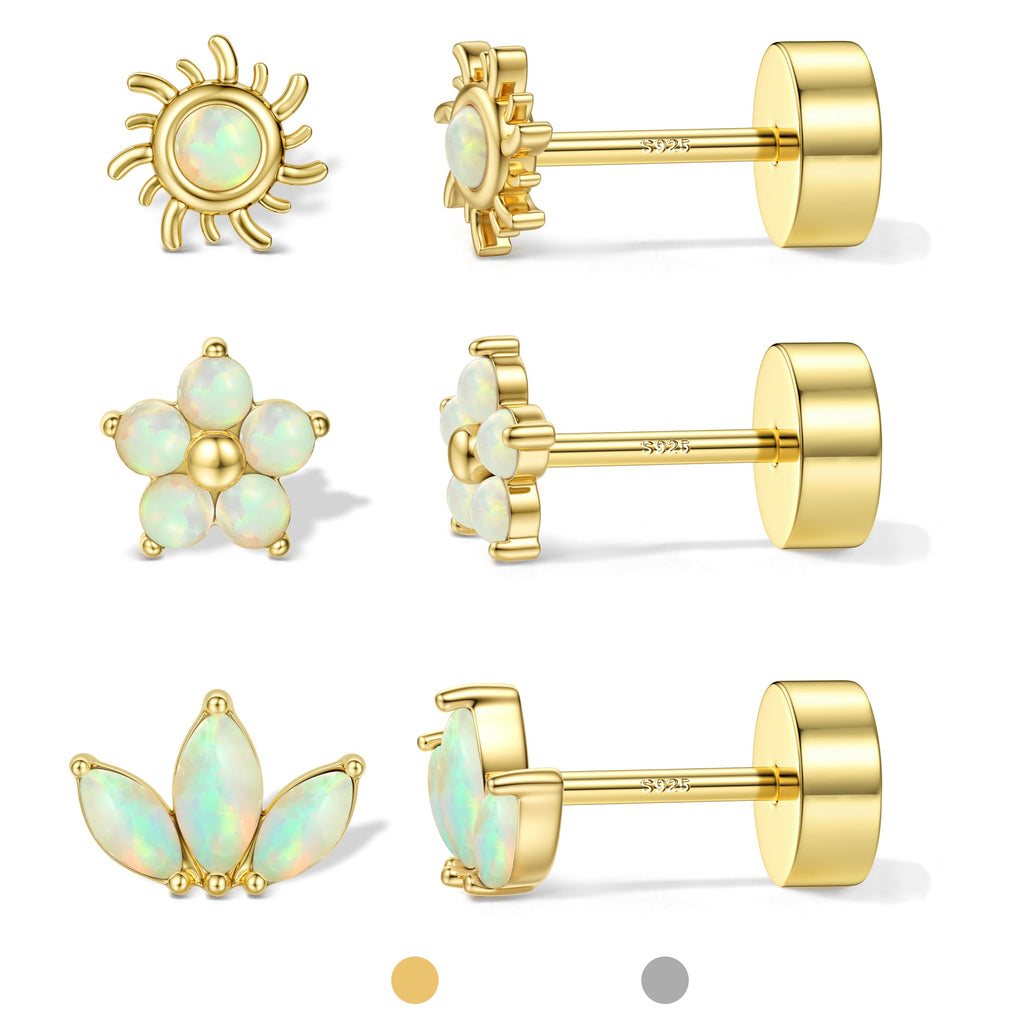 ORAZIO Sterling Silver Flat Back Earrings Women, Gold, Opal Sun & Bloom Mix