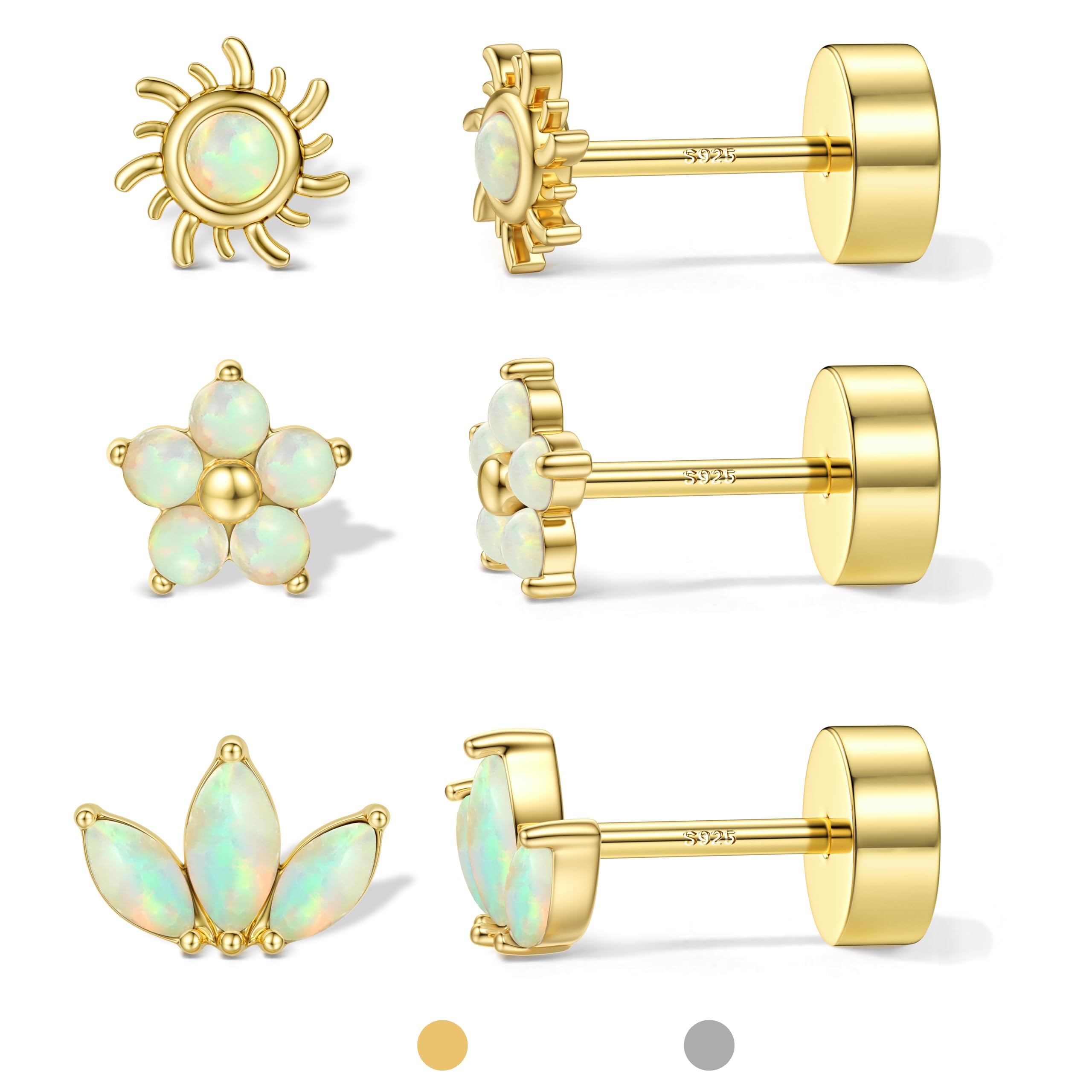 ORAZIO Sterling Silver Flat Back Earrings Women, Gold, Opal Sun & Bloom Mix