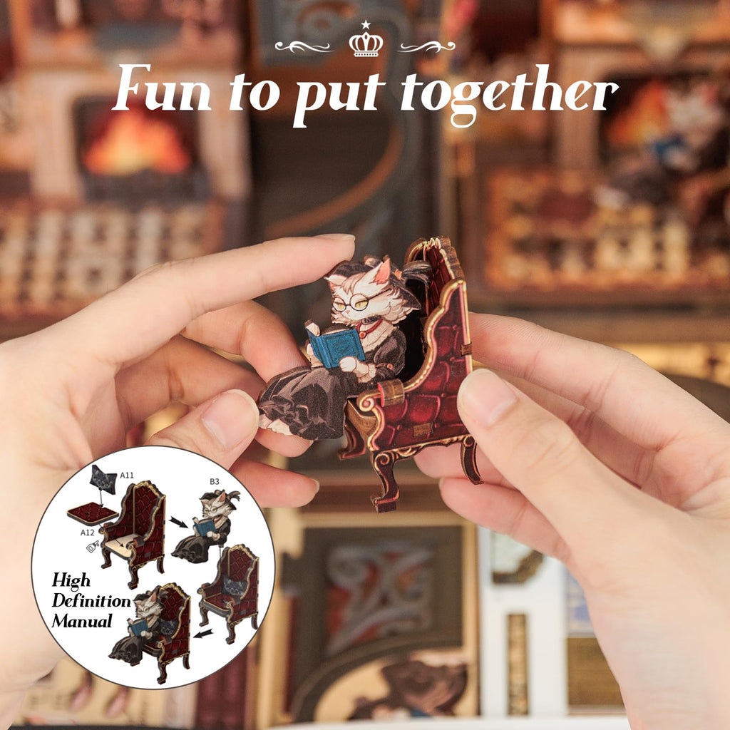 Cutefun Book Nook Kit - DIY Miniature House Kit for Bookshelf Decor, Book Nook Kits for Adults & Beginners, 3D Wooden Puzzle Dollhouse, Ideal Gift for Family and Friends (Count Cat's Study)