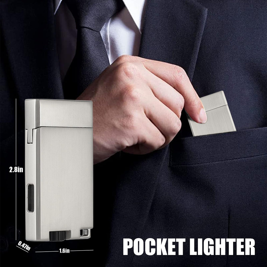 Copmotds Refillable Butane Torch Lighter with Keyhole and Visible Window, 2 Pack Adjustable Pocket Lighter and Perfect for Men, 1-Year Warranty, Great Gift Idea! Without Gas(Brushed Silver)