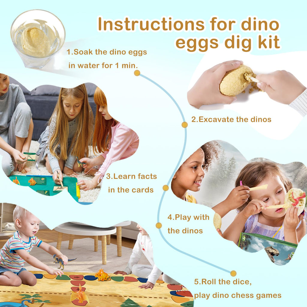 Dino Fossil Eggs Dinosaur Toys - 12 Dinosaur Eggs Dig Excavation Kit w Play Mat for Kids Ages 5-7 Easter Basket Essentials STEM Toy Christmas Birthday Gift for Boys Girls 3 4 5 6 7 8 + 8-13 Years Old