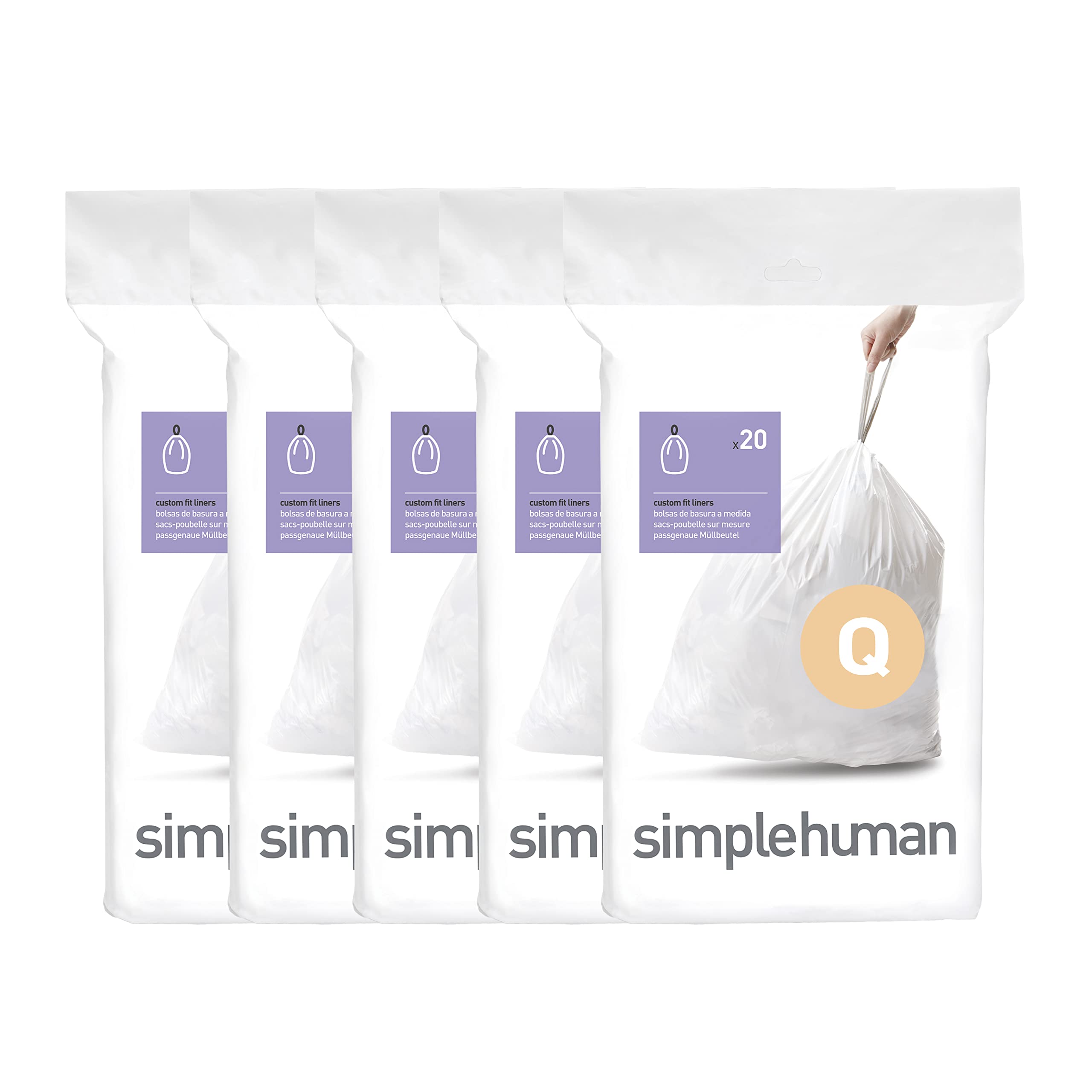 simplehuman Code Q 100 Count, Dispenser Pack Custom Fit Liners, Drawstring Trash Bags, 50-65 Liter / 13-17 Gallon, White