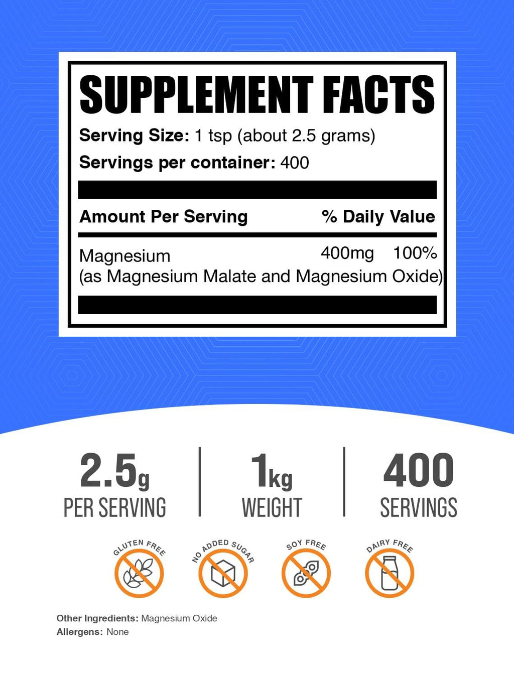 BulkSupplements.com Magnesium Malate Powder - Magnesium Supplements, High Bioavailabilty - Unflavored & Gluten Free, 2.5g per Serving, 1kg (2.2 lbs) (Pack of 1)