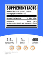 BulkSupplements.com Magnesium Malate Powder - Magnesium Supplements, High Bioavailabilty - Unflavored & Gluten Free, 2.5g per Serving, 1kg (2.2 lbs) (Pack of 1)